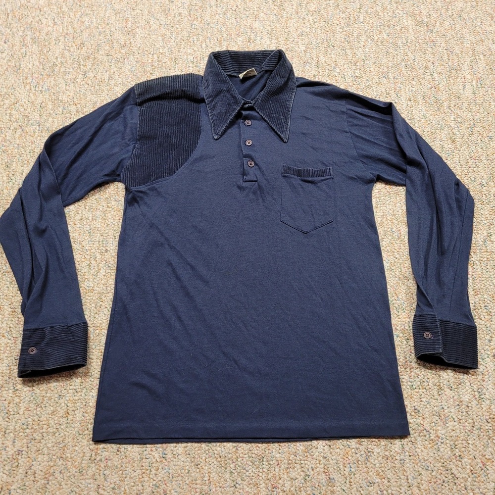 Vintage KMart Polo Shirt Mens‎ Medium Blue Corduroy Trim Disco 70s Dagger Collar
